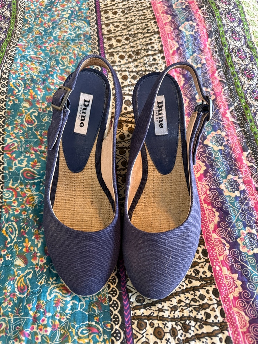 Dune London Navy Canvas Slingback Wedge Pumps